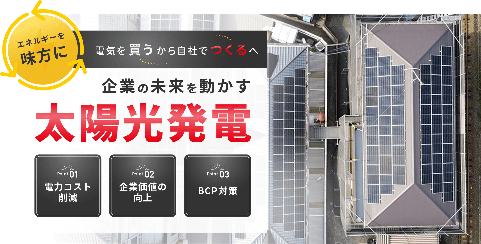企業の未来を動かす太陽光発電。電力コスト削減、企業価値の向上、BCP対策などのメリットを紹介。屋根に太陽光パネルが設置された工場または企業施設の上空写真。